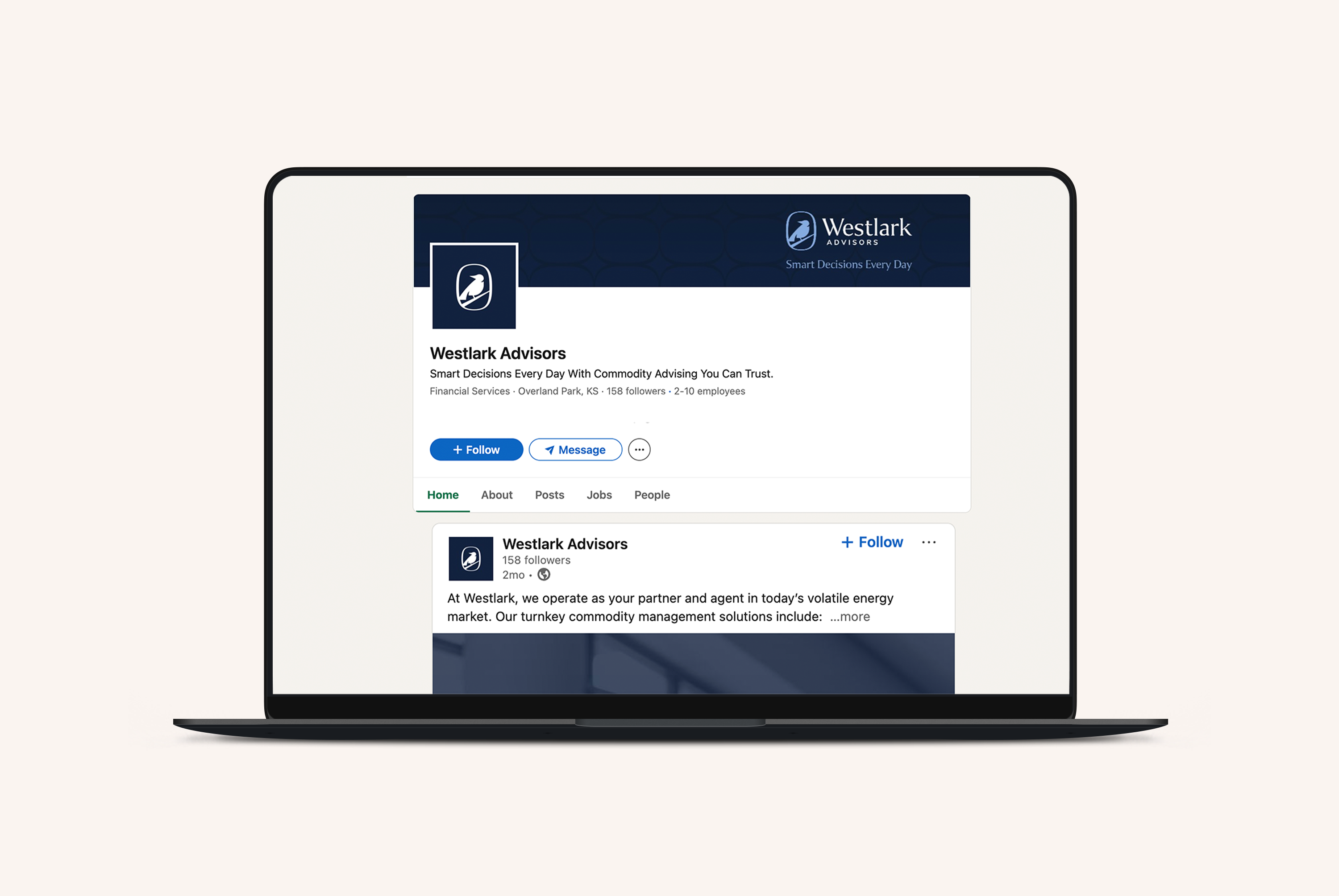 A laptop mockup of Westlark Advisor's LinkedIn page with rebranded assets.
