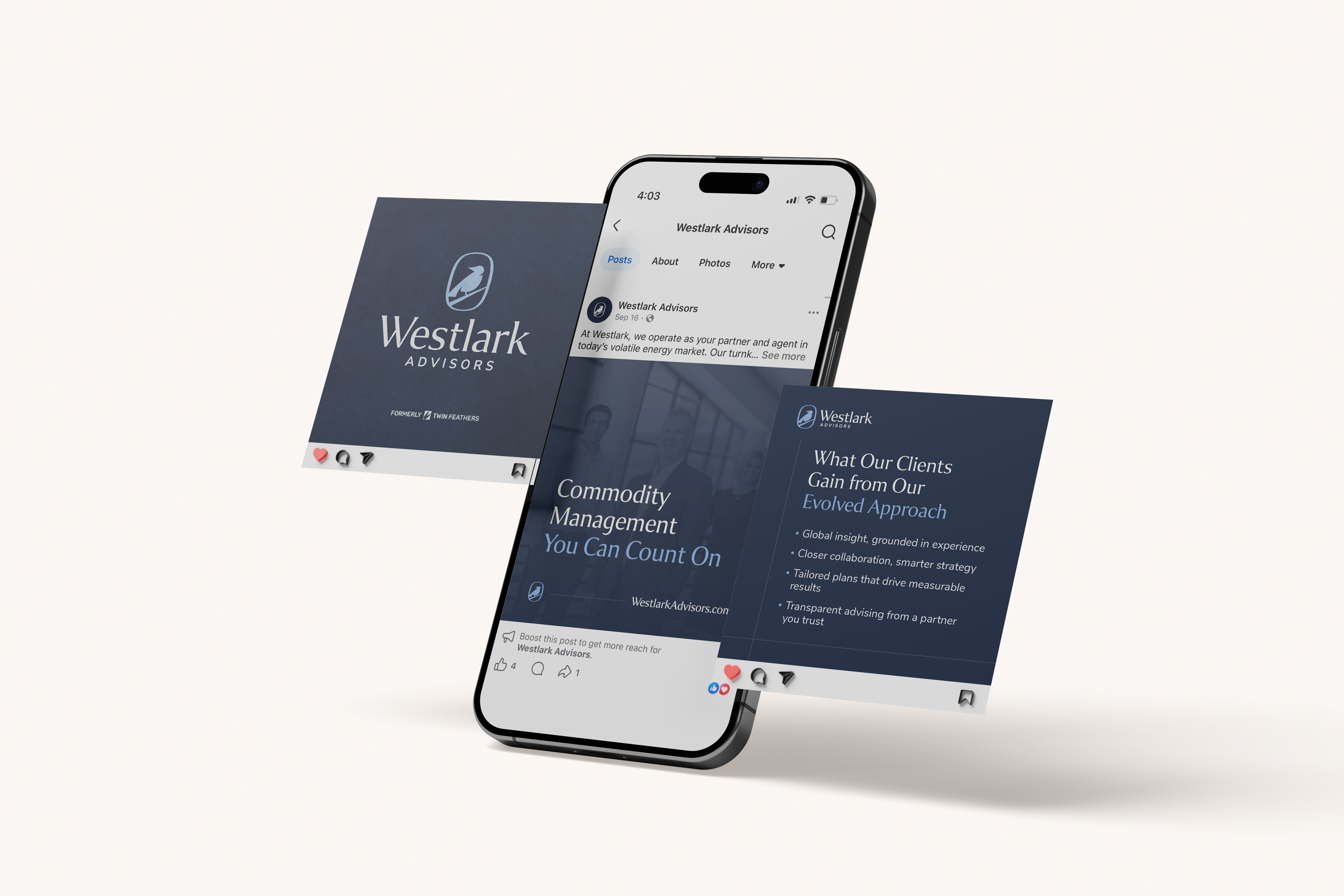 Social assets for Westlark Advisors with their rebranded identity.