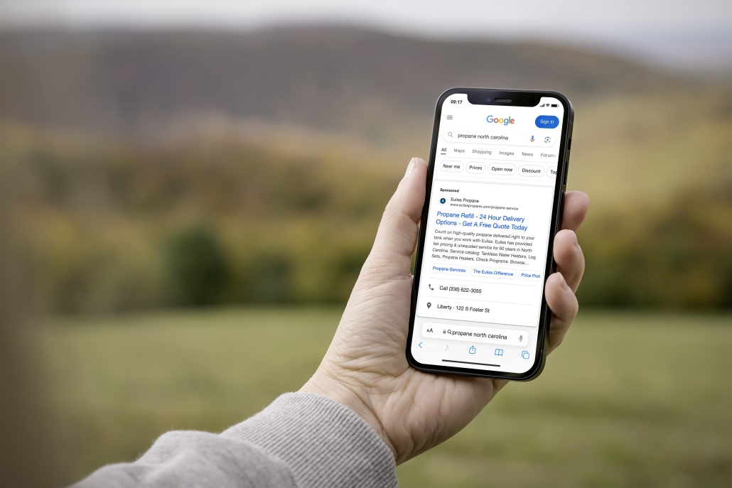 Euliss - Google Search Ad - Mobile Mockup Sponsored search ad of Euliss Propane on a phone