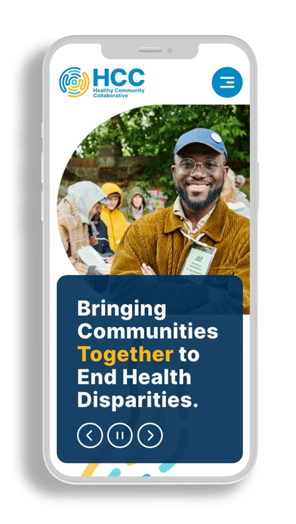 HCC_iPhone Mockup_Screen 01 Health Community Collaborative's website on a phone screen