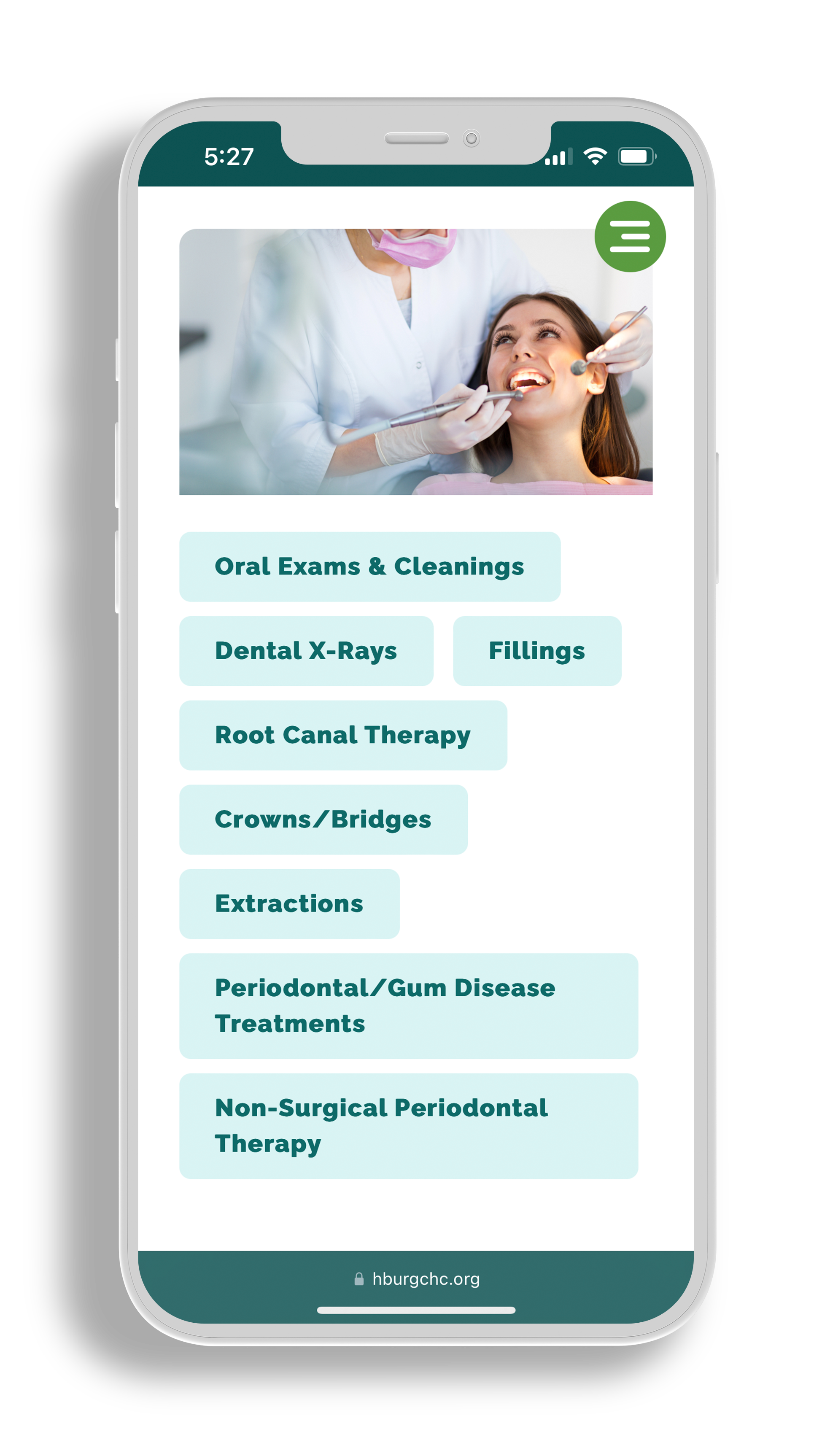 Cell phone mockup of HCHC final new website development that shows dental health services.