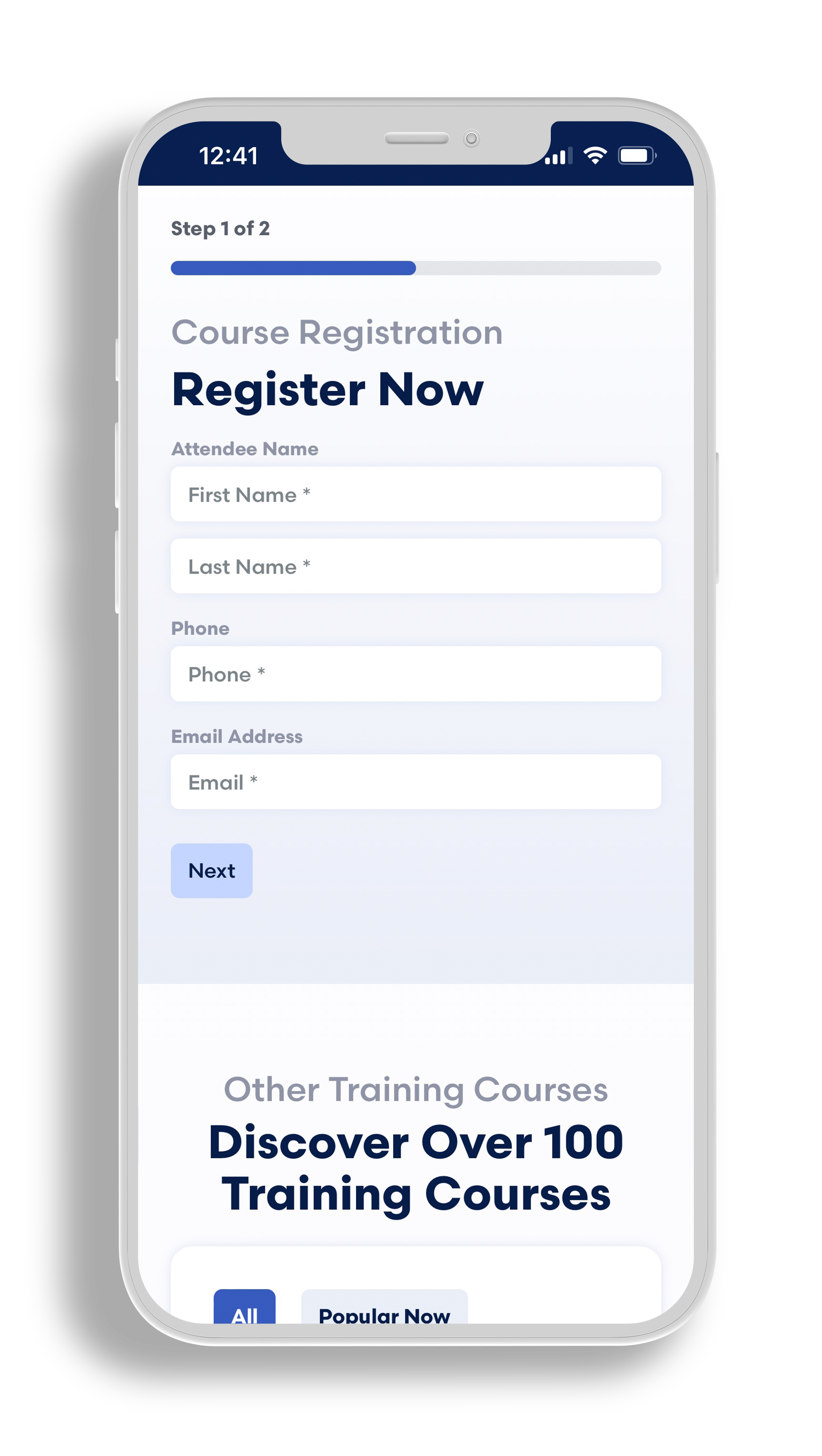 iPhone mockup of Course Registration page on Federal Employment Law Training Group's mobile website design