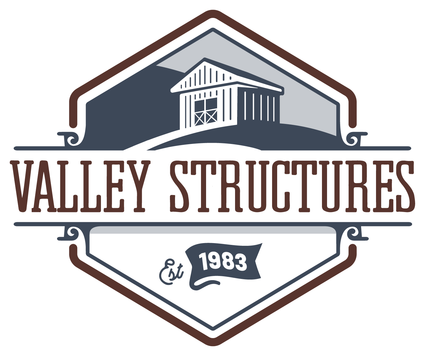 Valley Structures badge style logo, including a shed on a hillside and Est. 1983