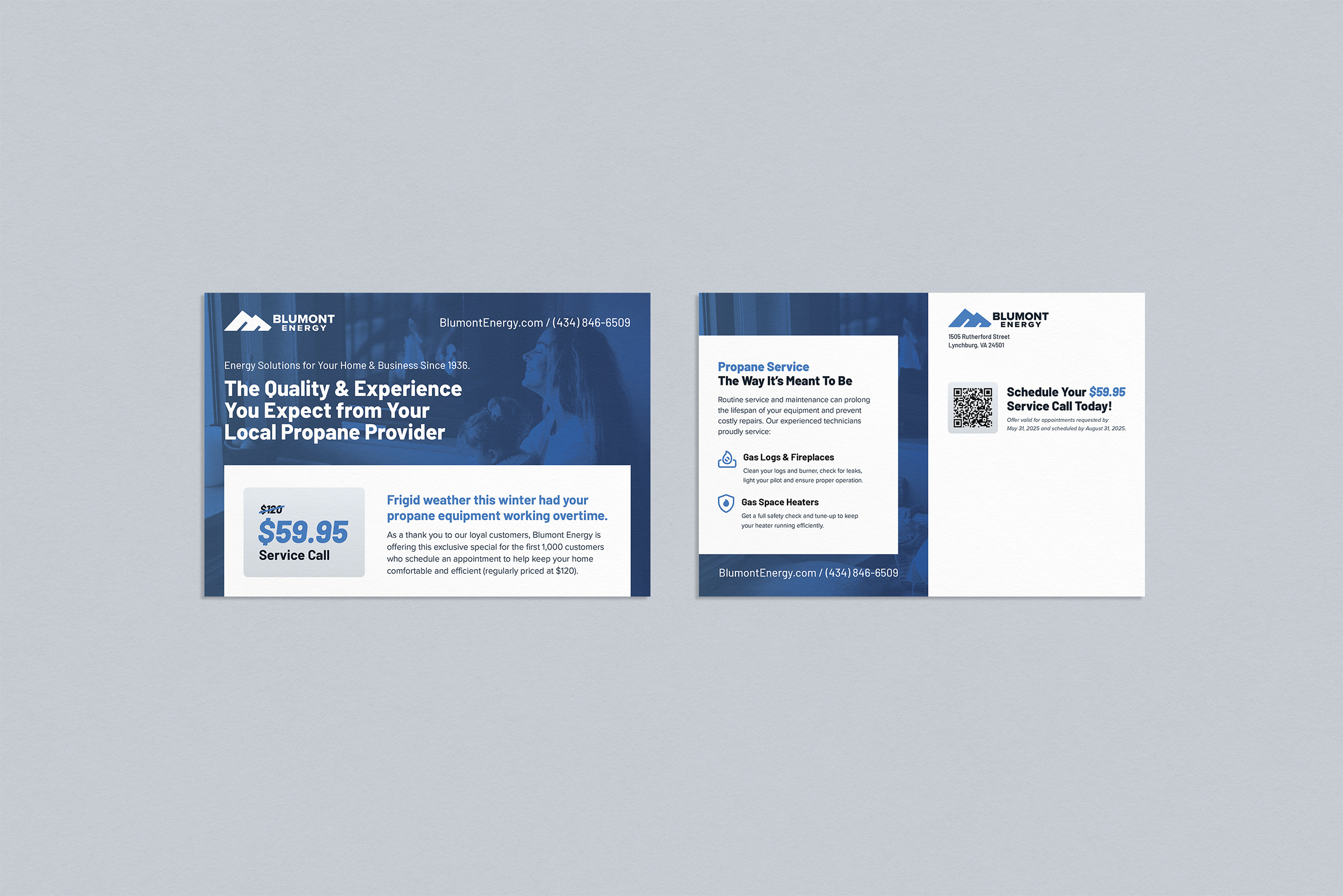 Mockup of mailer for Blumont Energy service call special