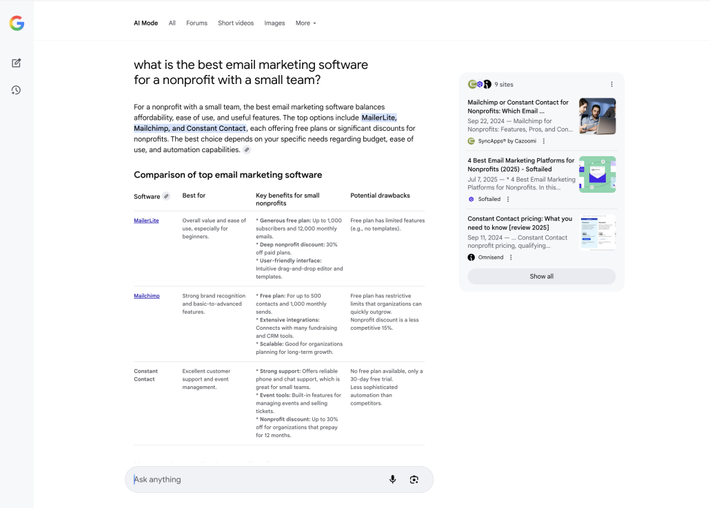 A screenshot of a Google search query in Google's AI mode.