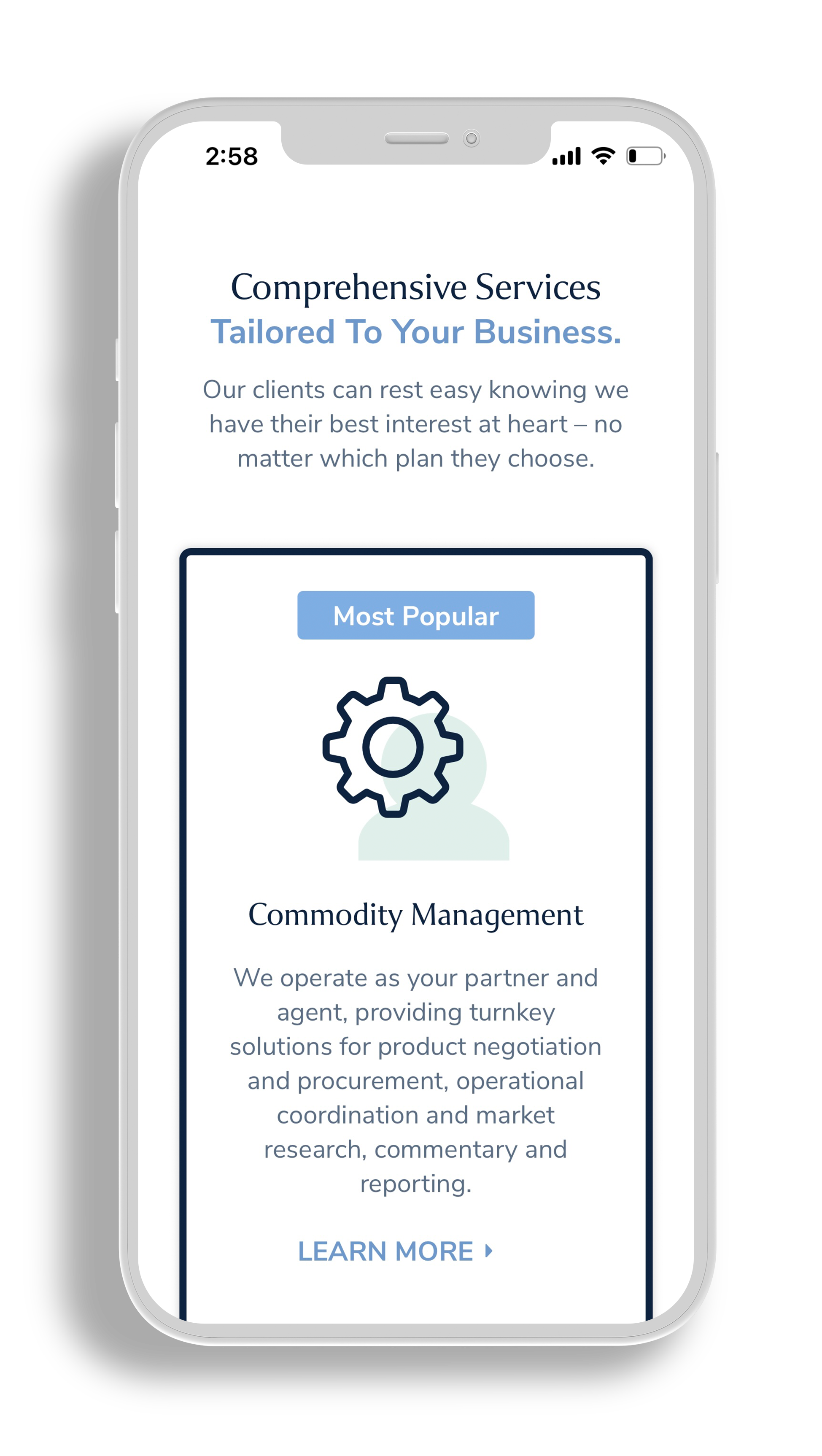 Cell phone mockup of mobile website design for Westlark Advisors. The headline reads 