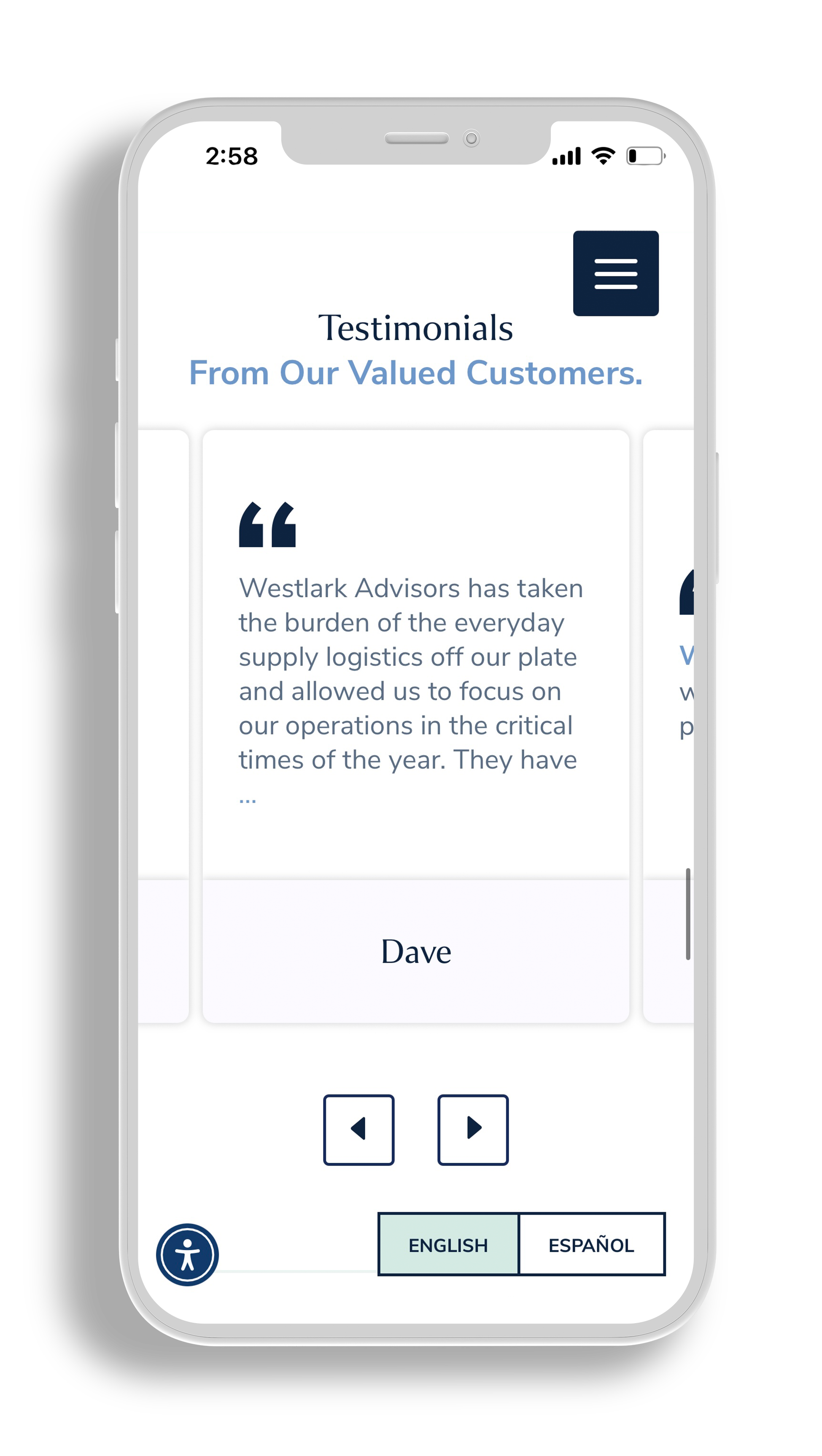 Cell phone mockup of mobile website design for Westlark Advisors. The headline reads 