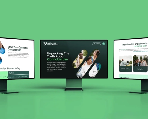 Desktop mockup of web pages for a local nonprofit with info about drug abuse