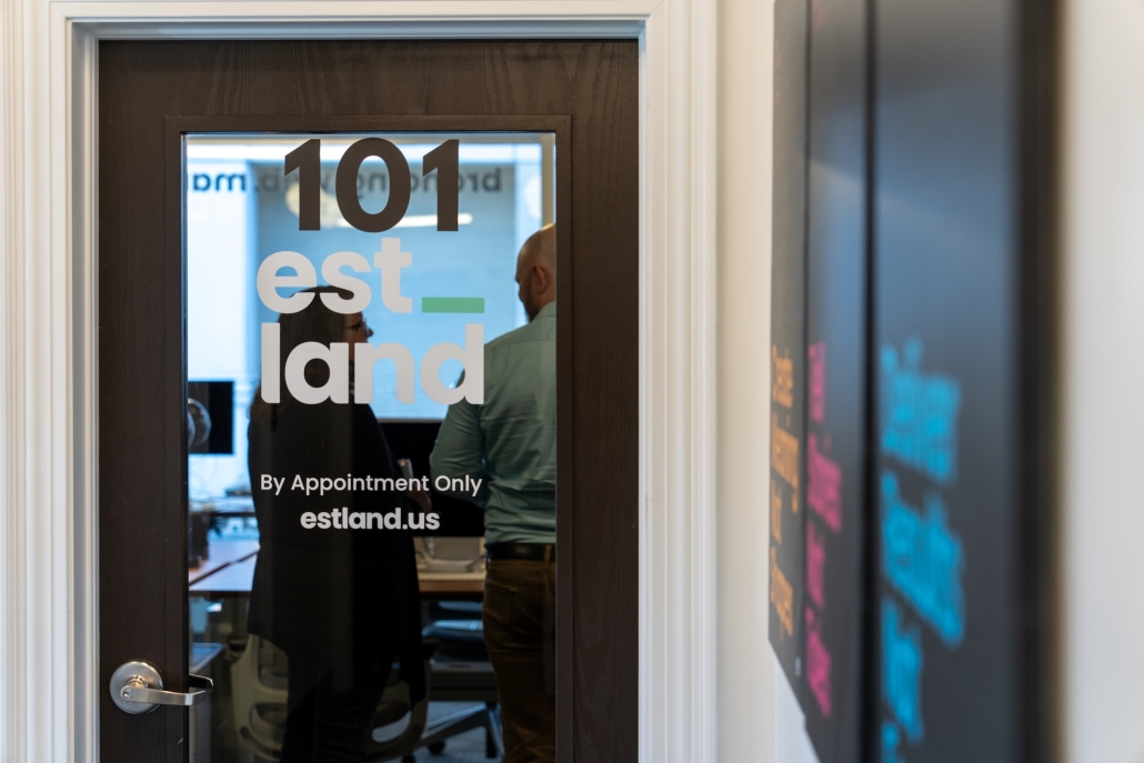 A door to Estland's offices, a Virginia marketing agency.